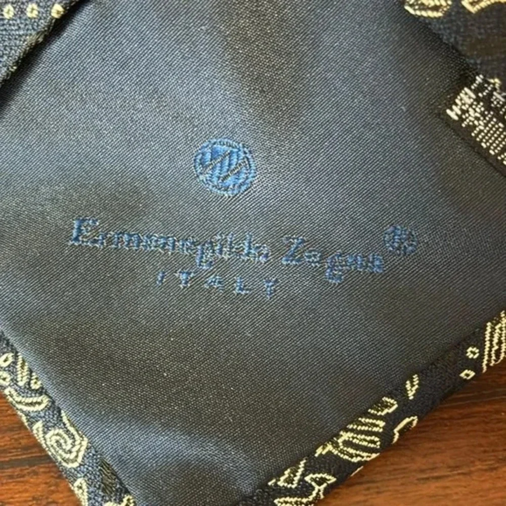 ERMENEGILDO ZEGMA Men Navy Black White Silk Hieroglyphics Necktie Made‎ in Italy